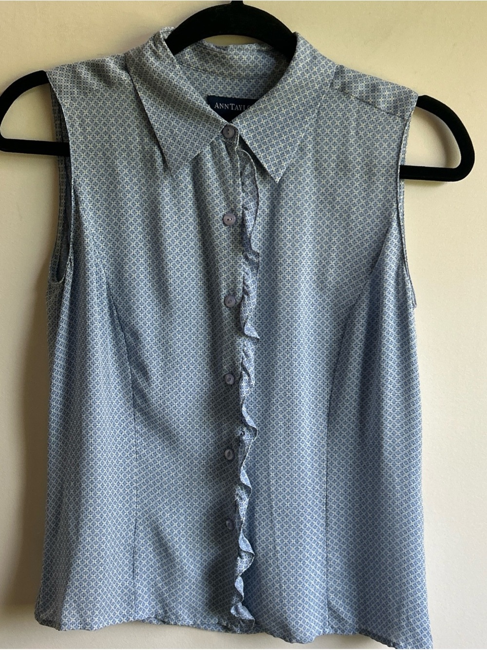 Ann Taylor Light Blue Sleeveless Ruffle-Front Blouse